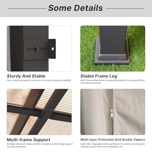 Gotland 10FTx12FT Outdoor Wall-Mounted Hardtop Pergola, Metal Frame Gazebo with Sloping Sun Panel Roof and Double Curtains for Patio, Garden, Lawn, Khaki