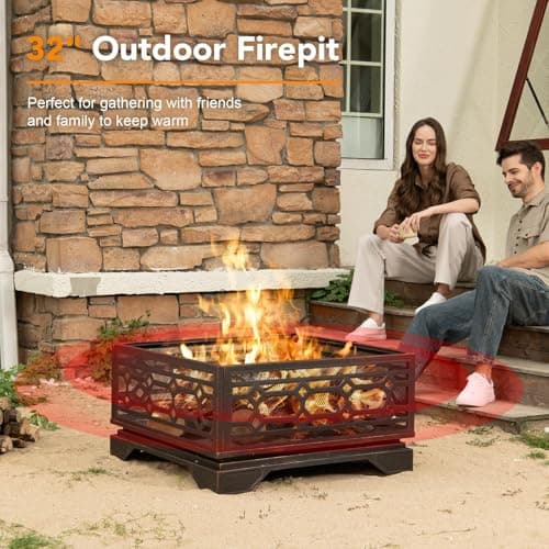 Outdoor Fire Pit, 32 Inch Wood Burning Firepit for Outside with Mesh Cover & Fire Poker, Large Extra Deep Square Metal Fireplace for Patio, Backyard, Camping, Bonfire Party