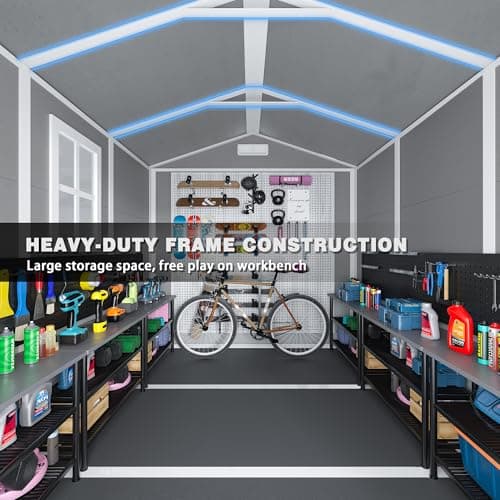 8.7x5.5 FT Outdoor Storage Shed with Floor, Weather-Resistant Resin Shed with Window, Lockable Door and Vents, Plastic Outside Tool Storage Sheds for Garden, Backyard, Lawn