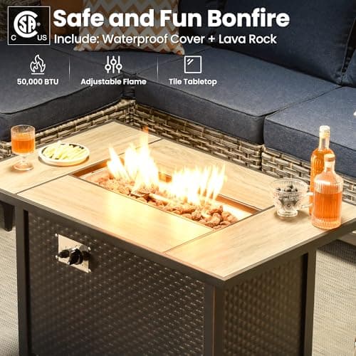 ovios 9 Pieces Patio Furniture Set Outdoor Sectional Sofa Couch with Fire Pit Table Swivel Rocking Chairs Comfy Cushions, Modern Modular Wicker Rattan Conversation Sets, Denim Blue