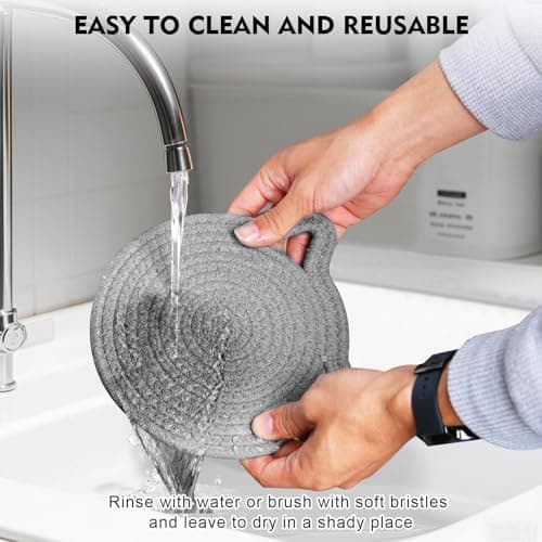 7.2 Inch Trivets for Hot Dishes, 2Pack Cotton Trivets for Hot Pots and Pans, Heat Resistant Hot Pads for Kitchen, Cat Ear Large Coaster Trivet Set, Hot Plate Mats for Kitchen Countertops (Light Gray)
