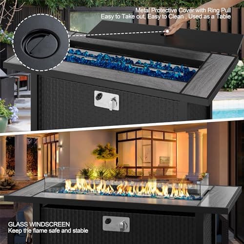 Walsunny 45 inch Outdoor Propane Fire Pit 50,000 BTU Gas Fire Pit Table with Lid, Glass Wind Guard, Waterproof Cover, Rectangle Gas Firepit Table for Garden/Patio, CSA Certification