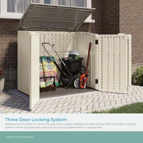 Suncast 34 Cu Ft Capacity Horizontal Outdoor Storage Shed for Garbage Cans, Garden Accessories, Backyard, and Patio Use, Vanilla