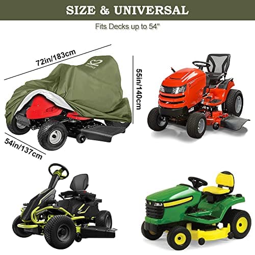 Riding Lawn Mower Cover, Heavy Duty 600D Oxford Outdoor Tractor Cover Waterproof UV Protection Lawn Mower Cover Fit Decks up to 54" with Elastic Cord & Storage Bag, Green