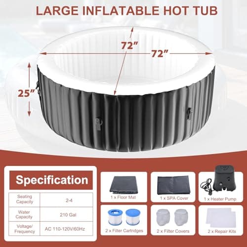 LILYPELLE 2-4 Person Inflatable Hot Tub, Portable Large Round Hottub with 120 Bubble Jets, Outdoor Spa Set Included Heater Pump, Filter and Spa Cover, 72" X 72" X 25"
