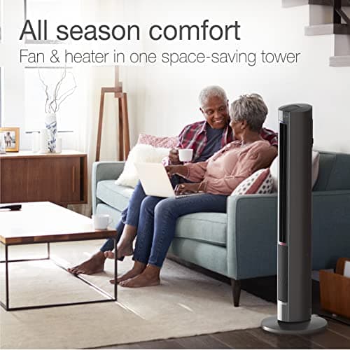 Lasko Oscillating All Season Tower Fan and Space Heater in One for Home with Adjustable Thermostat, Tip-Over Switch, 4 Fan Speeds, 3 Heat Settings and Remote Control, 42 Inches, 1500W, Gray, FH515