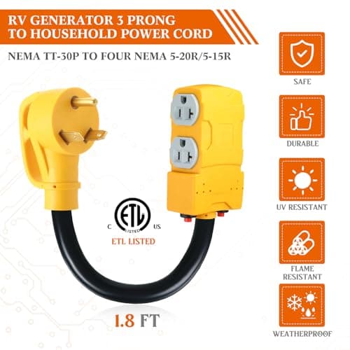 Kanayu 1.8 FT 30 to 20 Amp 110V RV Generator Distribution Adapter Compatible with NEMA TT-30P to NEMA 4X 5-20R/ 5-15R, 3 Prong RV Generator to Four Household Outlet with 20 Amp Circuit Breaker