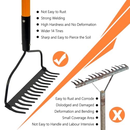 Garden Rake for Gardening, 14 Tines Garden Rake with Thick Fiberglass Handle, Heavy Duty Garden Rake for Lawns, 58 Inches