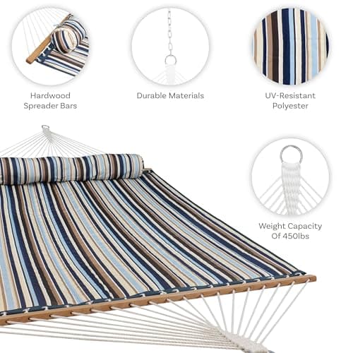 Sunnydaze Quilted Outdoor Hammock with Spreader Bars - Heavy-Duty 450-Pound Capacity Double Hammock for Outside - Ocean Isle