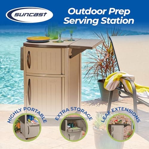 Suncast Outdoor Patio Grill Prep Station Cart with 2 Storage Cabinets, Light Taupe/Mocha