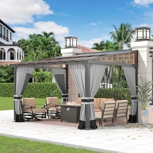 Gotland 10FTx12FT Outdoor Wall-Mounted Hardtop Pergola, Metal Frame Gazebo with Sloping Sun Panel Roof and Double Curtains for Patio, Garden, Lawn, Grey