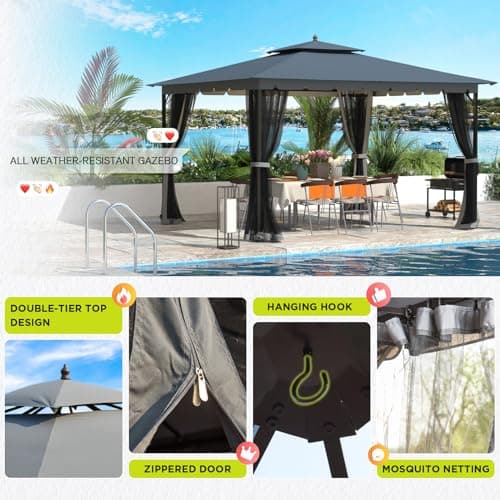 [Upgraded] 10x12 Gazebo with Mosquito Netting,Sturdy Metal Outdoor Patio Gazebo[Heavy Duty Frame],Gazebos Canopy Tent with Dual Air Roof,Patio Canopy Gazebos,Wind Resistant/Waterproof for Deck
