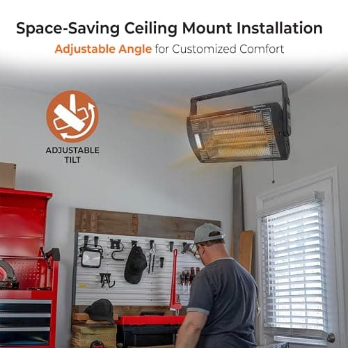 Comfort Zone Ceiling Mounted Space Heater, 90 Degree Adjustable Tilt, Dual Quartz, Radiant, Electric, Safety Grille, Overheat Protection, Hardware Included, Ideal for Workshop, Garage, 1,500W, CZQTV5M