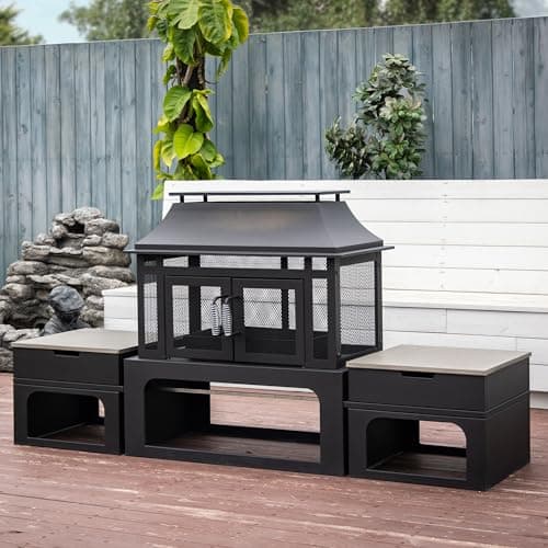 70 Inch Rectangular Outdoor Fireplace - Steel Woodburning Fireplace with Side Tables - Fire Place with Integrated Log Storage and Log Poker - Durable Fireplace for Patio Backyard