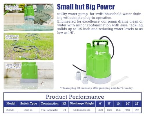 Green Expert 1/4HP Submersible Sump Pump 25-Foot Power Cord High Flow 1800GPH for Water Removal Household Drainage Utility Pump Easy to Use in Pools Hot Tub Flooded House Suit to Garden Hose