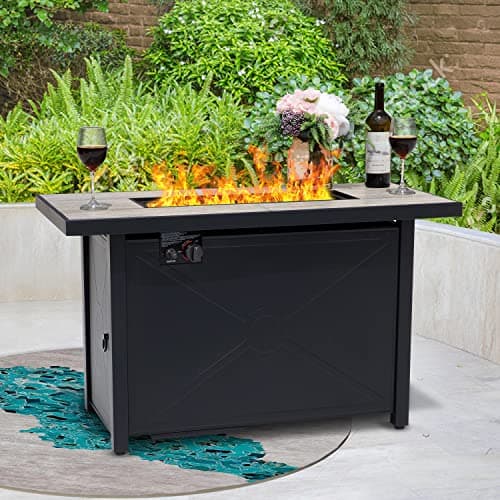 Nuu Garden Propane Fire Pit Table, CSA Certified 42 Inch 50,000 BTU Outdoor Propane Gas Cabinet Rectangle Fire Pit Table, Ceramic Tabletop, Rattan and Iron Frame, with Lid and Fire Glass Beads, Black