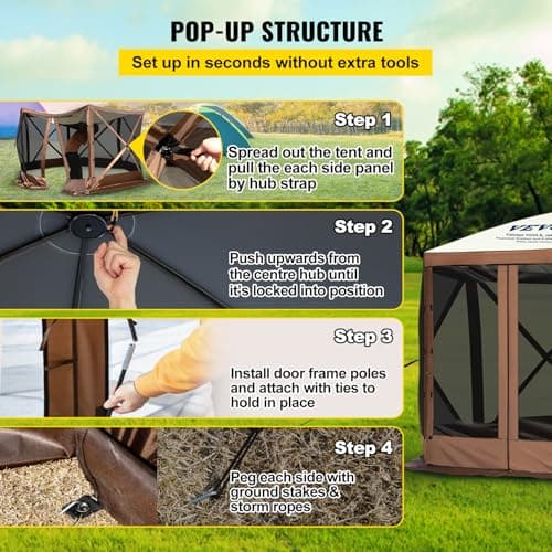 VEVOR Pop Up Gazebo Screen Tent, Pop-Up Instant Gazebo Tent with Mosquito Netting Outdoor Canopy, 6 Sided Sun Shelter 10x10ft with 6 Removable Wind Cloths & 2 Mesh Windows, Pavilion Tent for Patio