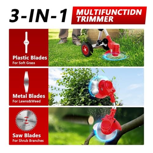 Electric Weed Wacker Cordless with Wheels,21V 2×2000mAh Weed Eater Battery Powered, 6-inch Cordless String Trimmer with 3 Types of Blades, Electric Grass Trimmer,Lawn Edger, Mower for Yard,Garden