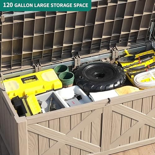 YITAHOME 120 Gallon Large Deck Box, Upgraded Resin Outdoor Storage Boxes w/Flexible Divider, Waterproof Cushion Storage Bench for Patio Furniture, Pool Supplies, Garden Tools - Lockable, Light Brown
