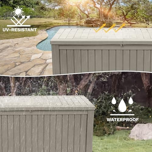 DWVO 180 Gallon Extra-Large Patio Deck Box, Waterproof Resin Outdoor Storage Box with Removable Divider for Patio, Garden, Pool, Furniture and Tools, Light Brown