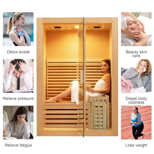 ZONEMEL Wooden Steam Sauna Room, 2 Person Canadian Hemlock Luxurious Indoor Sauna with 3.5 KW Harvia Stove Heater, Bluetooth Speaker, Sauna Stone, Wooden Bucket, Scoop, Reading Light, Hourglass