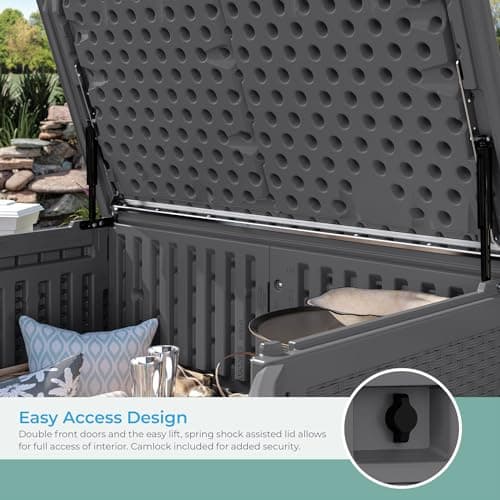 Suncast Backyard Oasis Vertical Deck Box, 195-Gallon Patio Storage Box for Furniture Cushions, Grill Tools, and Pool Accessories, Cool Gray, Made in the USA