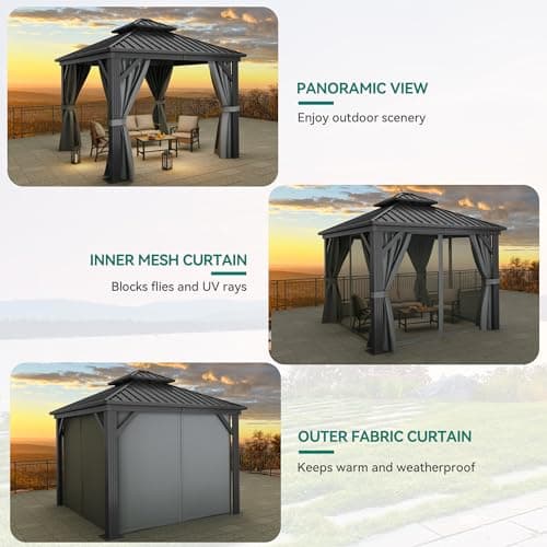 YITAHOME 10x10ft Hardtop Gazebo with Nettings and Curtains, Heavy Duty Double Roof Galvanized Steel Outdoor Combined of Vertical Stripes Roof for Patio, Backyard, Deck, Lawns, Gray