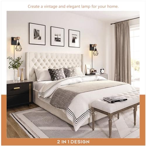 Plug in Wall Sconces Set of Two, Vintage Wood Wall Lamps with Plug in Cord, Farmhouse Wall Light Fixture with 5.25FT On/Off Switch Cord, Indoor Wall Lamp for Bedroom Living Room