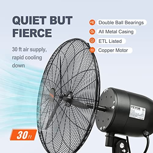 VEVOR 30 Inch Wall-Mount Misting Fan, 3-speed IP44 Waterproof Oscillating, Max. 9500 CFM Wall Mounted Fan for Outdoor, Commercial, Residential, Greenhouse, Workshop, Patio, Black, ETL Listed
