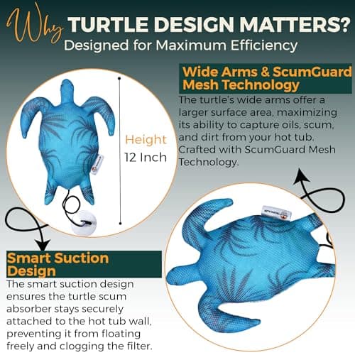 Hot Tub Scum Absorber Turtle ScumGuard Mesh - 2-Pack Oil & Scum Absorber for Spa, Hot Tub & Pool - Keeps Water Clear - Includes 100 x Hot Tub Test Strips & 2 Washable Turtle Absorbers