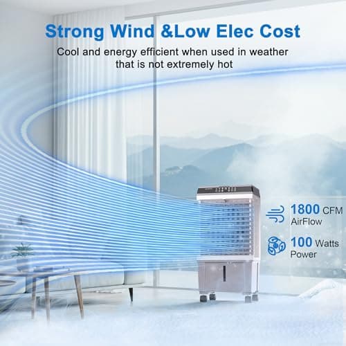 Swamp Cooler,1800CFM Portable Evaporative Air Cooler,Cooling Fan for Room Garage Patio,5.3 Gal Water Tank,3 Speeds,4 Ice Boxes,12H Timer,Remote