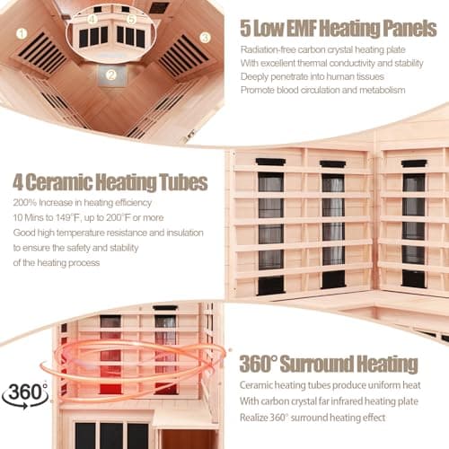 Ceramic Infrared Sauna 2-3 Person Far Infrared Saunas for Home Low EMF Indoor Home Sauna Hemlock Wooden Corner Sauna Room w/Bluetooth Speaker, LED Reading Lamp, Chromotherapy Light