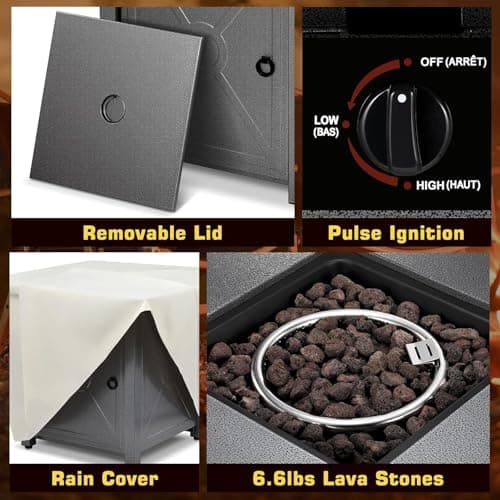 ZAFRO 28" Fire Pit Table, 40000 BTU Propane Fire Pit Table with Lid,Rain Cover and 3 Pounds Lava Stones for Outdoor Backyard, Courtyard
