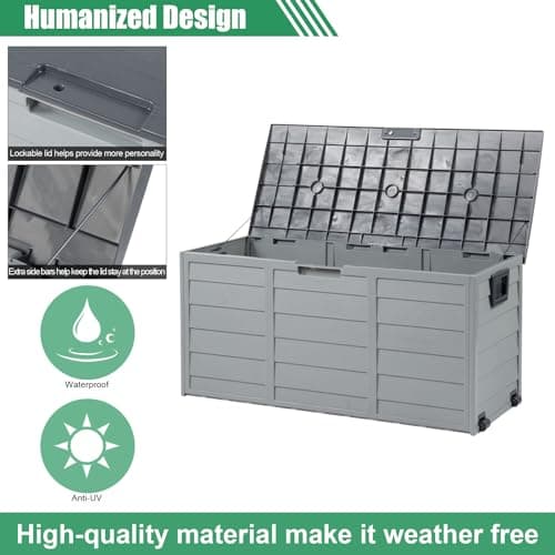 VINGLI Upgraded 75 Gallon Outdoor Storage Box, Lockable Plastic Storage Containers with Lid, Patio Deck Box Furniture for Garden, Pool, Balcony, Yard (Grey)