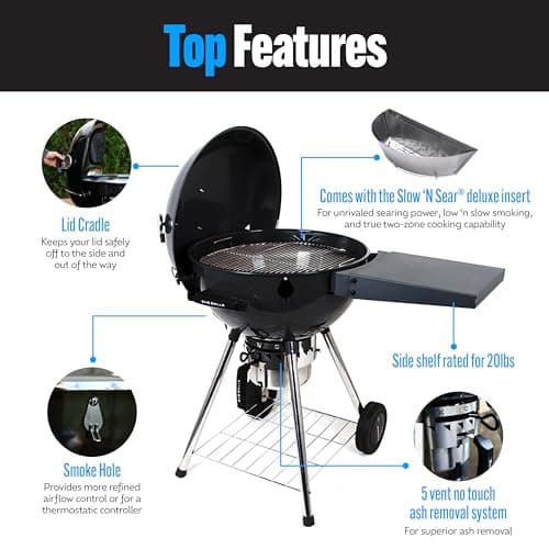 SnS Grills Original Kettle Charcoal Grill with Patented Slow 'N Sear Deluxe Insert and EasySpin Grate for Two-Zone Cooking, Low ‘N Slow Smoking and BBQing - Black 22-Inch