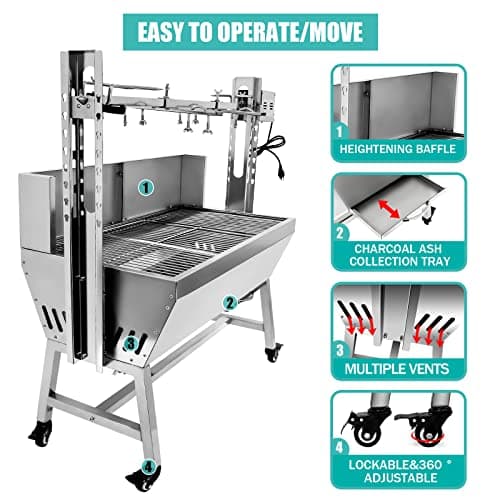 Stainless Steel Rotisserie Grill with Back Cover Guard, 25W Motor Small Pig Lamb Roaster, 37'' 2 in 1 BBQ Charcoal Rotisserie Grill for Camping Outdoor Kitchen