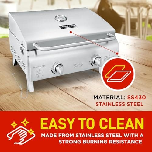 Portable Stainless Steel Gas Grill - 2 Burners Easy Clean Tabletop BBQ Propane Gas Grill with Foldable Legs and Wind Proof Lid for Camping and Outdoor - Silver