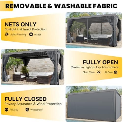 Louvered Pergola 10x12ft, Adjustable Aluminum Pergola with Waterproof Curtains and Nets, Sun & Rain Shade for Patio, Modern DIY Outdoor Living Upgrade, Dark Grey