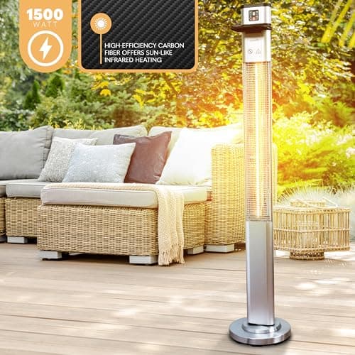 SereneLife Infrared Patio Heater, 1500W Electric Standing with Remote Control, IP44 Approved, Odorless, Three Power Settings, Indoor/Outdoor for Restaurant, Backyard, Garage, Decks