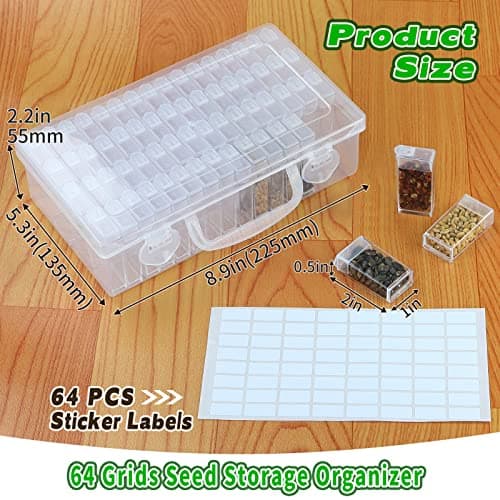 64-Slots Seed Storage Organizer Box with Label Stickers, Seed Storage Container for Flower Plants, Seeds & Bulbs, Flower, Vegetable, Clover and Basil Seeds, Gardening Supplies & Organizer
