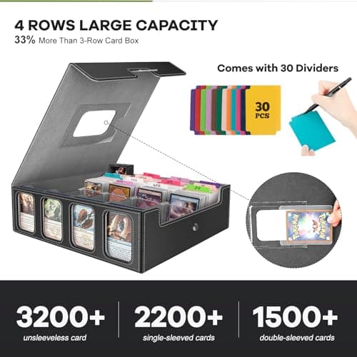3200+ Trading Card Storage Box with Commander Display, 4-Row Card Deck Box with Portable Handle, Compatible for YuGiOh/MTG/TCG Cards, 30 Colorful Divider, 8 Supporters, 1 Dice Tray (Black & Grey)