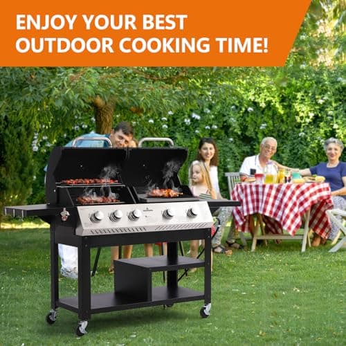5-Burner Propane Gas Grill,griddle grill combo Double Grills with Storage space,54,000 BTU 627 SQ.IN.Output Stainless Steel Grill for Outdoor Cooking Kitchen, Garden and Patio Backyard Barbecue