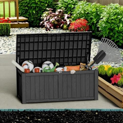 120 Gallon Lockable Resin Deck Box, Waterproof & UV-Resistant Outdoor Storage Box for Outdoor Cushion Storage and Delivery Storage Box, Black
