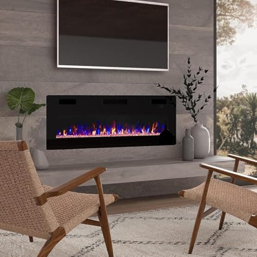 BOSSIN 60 inch Ultra-Thin Silence Linear Electric Fireplace, Recessed Wall Mounted Fireplace, Fit for 2 x 4 and 2 x 6 Stud, 12 Adjustable Flame Color & Speed,Touch Screen Remote Control with 8h Timer