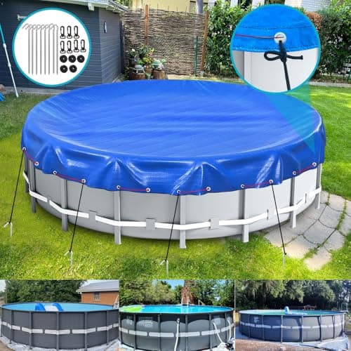 LXKCKJ 24 Ft Round Pool Cover, Winter Pool Covers for Large Above Ground Pools, Extra Thick PE Pool Cover Add Ground Nail Set and Specially Molded Winch Ideal for Waterproof and Dustproof (Blue)