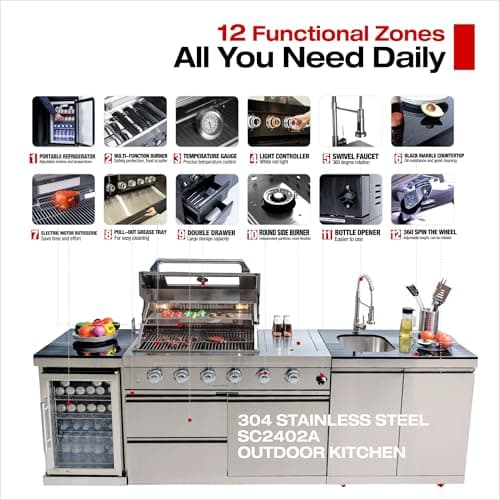 104 Inches 4-Burner 72000 BTU Deluxe Stainless Steel Gas Outdoor Kitchen Bar Barbecue Island Grill, Wine Cooler Compact Refrigerator, Rotisserie Kit, Granite Countertops, Stainless Steel Sink, Silver
