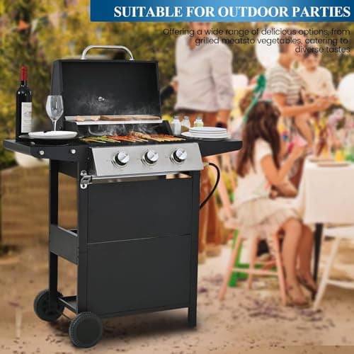 Gas Grill, Stainless Steel 30,000 BTU Patio Garden Barbecue Grill, 3 burner propane grill with Top Cover Lid, Wheels, and 2 Side Shelves, for Outdoor Patio Garden Picnic Back