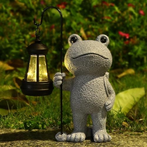 Garden Statue Frog Outdoor Decor, Solar Patio Garden Sculptures & Statues, Resin Garden Decor Gift for Women, Mom, Grandma, Stone