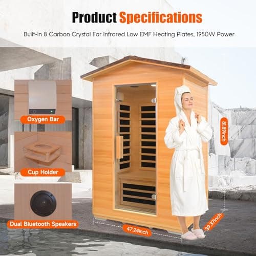 Outdoor Sauna 2 Person Far Infrared Saunas Dry Home Sauna Room Hemlock 1 to 2 Person Wood Sauna 1950W/110V Low EMF with Bluetooth Speaker, Reading Light, Cup Holder and Towel Rack - 47*39*82 IN