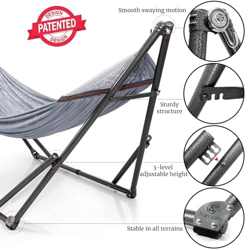 Tranquillo Double Hammock with Stand Included for 2 Persons/Foldable Hammock Stand 600 lbs Capacity Portable Case - Inhouse, Outdoor, Camping, Grey